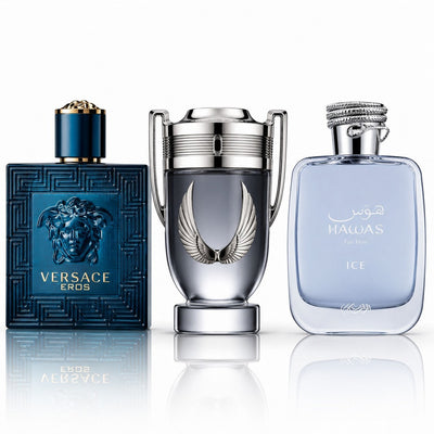 3 Herrenparfüm-Set - Versace Eros, Invictus Platinum & Hawas Ice